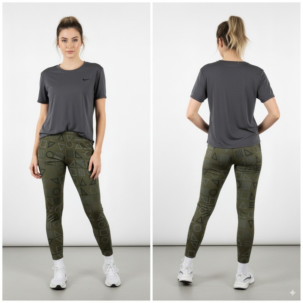 Nike Dri-Fit Olive Geometric Print Leggings Women's Medium High Rise Activewear - Picture 1 of 8
